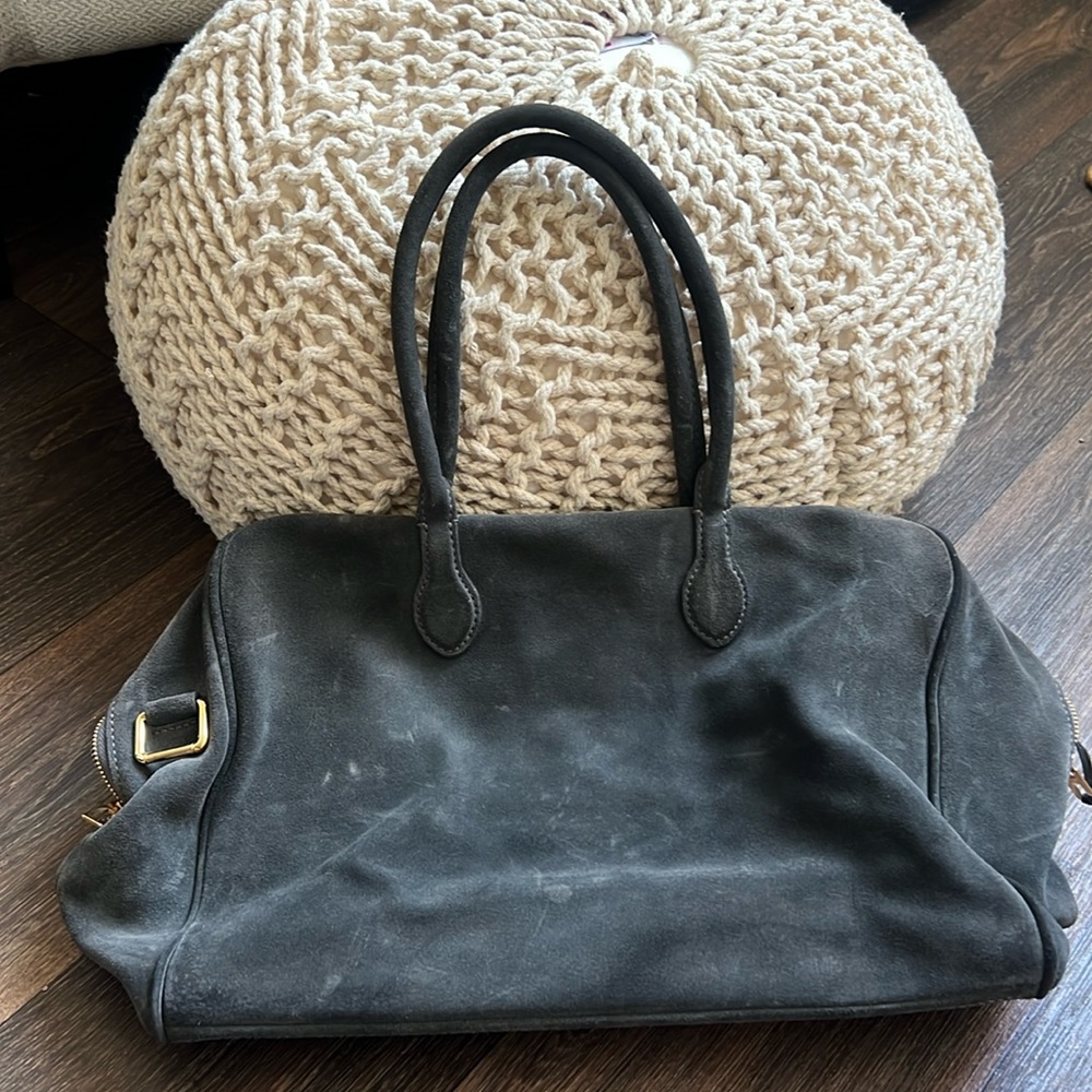 Balmain Le Pierre Anthracite Gray Suede Satchel Top Handle Bag Gold Hardware